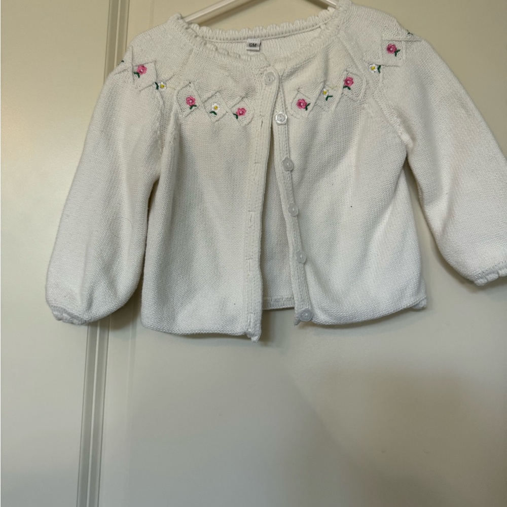White(cream) knit Cardigan with Pink Floral Embroidery